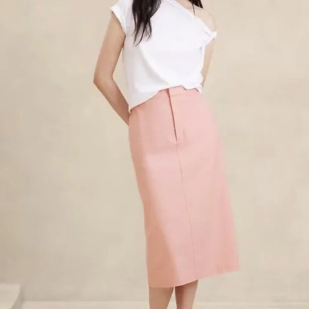 (Size 4) Linen-Blend Herringbone Midi Skirt Color: Bermuda Sand